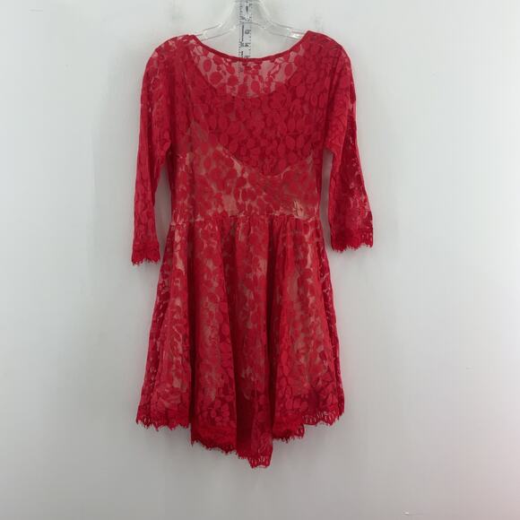 Free People Red Women's Floral Lace Midi Fit & Flare Dress Size 8 Nylon Preowned - Picture 2 of 5